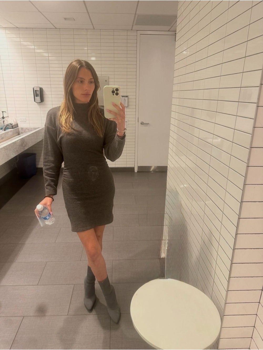 Chic Charcoal Gray Long Sleeve Knit Mini Dress